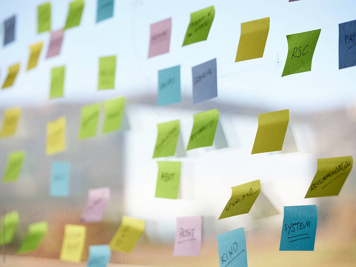 Notes in different colors scattered across a work wall